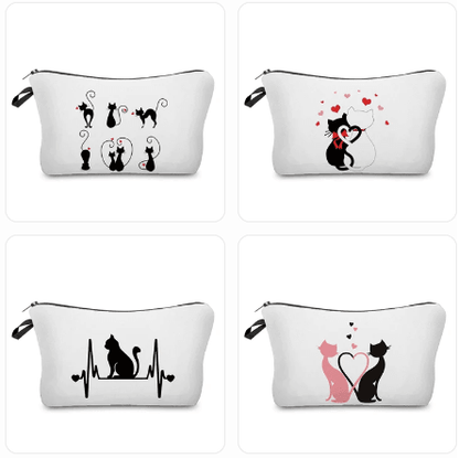 Black And White Cat Love Printed Travel Pouches/Cosmetics bag, 11 Designs - Just Cats - Gifts for Cat Lovers