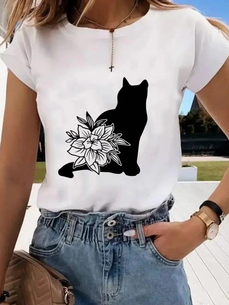 Black &amp; White Cat Printed T-Shirt, White, 7 Designs, S-4XL - Just Cats - Gifts for Cat Lovers