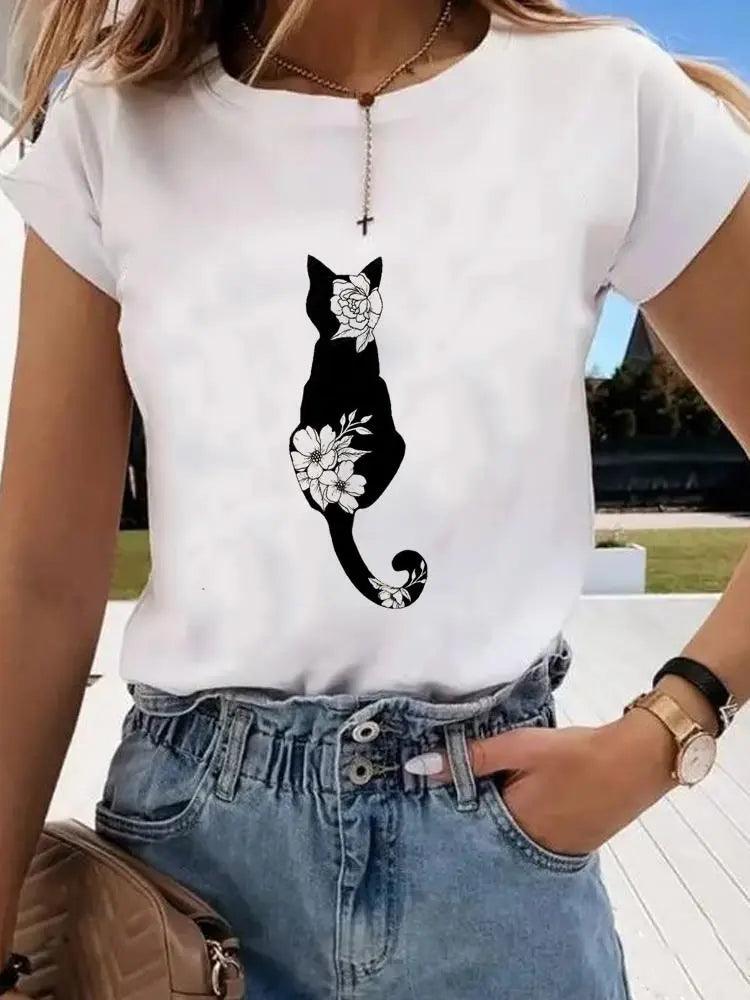 Black &amp; White Cat Printed T-Shirt, White, 7 Designs, S-4XL - Just Cats - Gifts for Cat Lovers