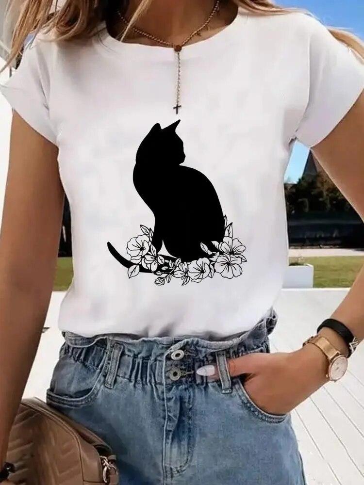 Black &amp; White Cat Printed T-Shirt, White, 7 Designs, S-4XL - Just Cats - Gifts for Cat Lovers