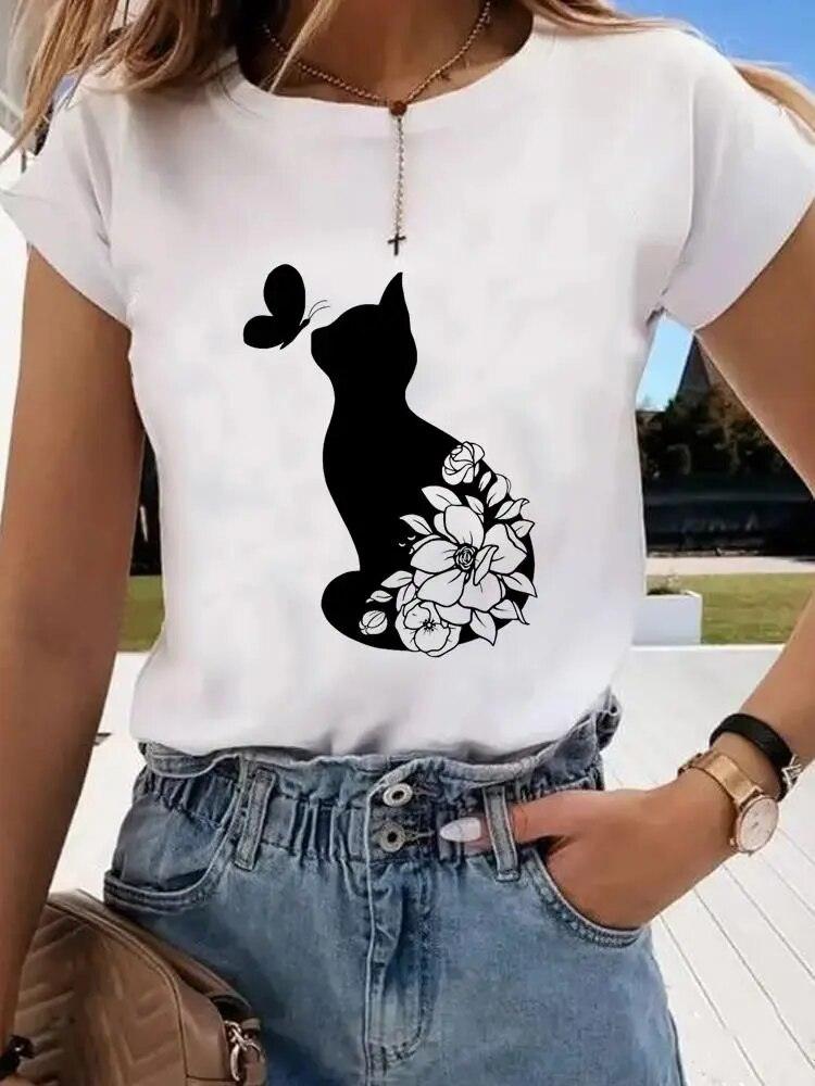 Black &amp; White Cat Printed T-Shirt, White, 7 Designs, S-4XL - Just Cats - Gifts for Cat Lovers