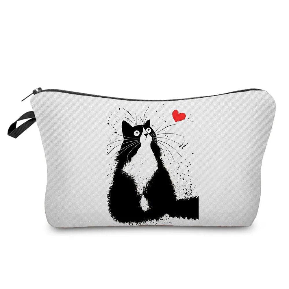 Black And White Cat Printed Travel Pouch/Cosmetic bag, 15 Designs - Just Cats - Gifts for Cat Lovers