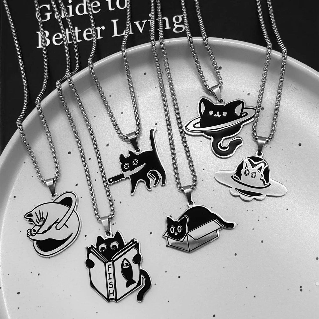 Black &amp; White Funny Cat Pendant Necklaces, 10 Designs - Just Cats - Gifts for Cat Lovers