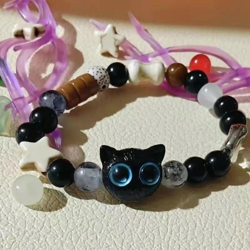 Black Anime Cat Beaded/Braided Rope Bracelet, Other Various Charms Bracelets, Adjustable - Just Cats - Gifts for Cat Lovers