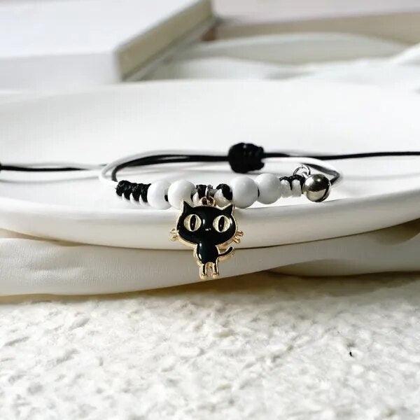 Black Anime Cat Beaded/Braided Rope Bracelet, Other Various Charms Bracelets, Adjustable - Just Cats - Gifts for Cat Lovers