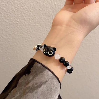 Black Anime Cat Beaded/Braided Rope Bracelet, Other Various Charms Bracelets, Adjustable - Just Cats - Gifts for Cat Lovers