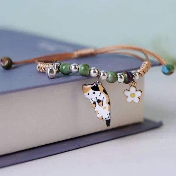 Black Anime Cat Beaded/Braided Rope Bracelet, Other Various Charms Bracelets, Adjustable - Just Cats - Gifts for Cat Lovers