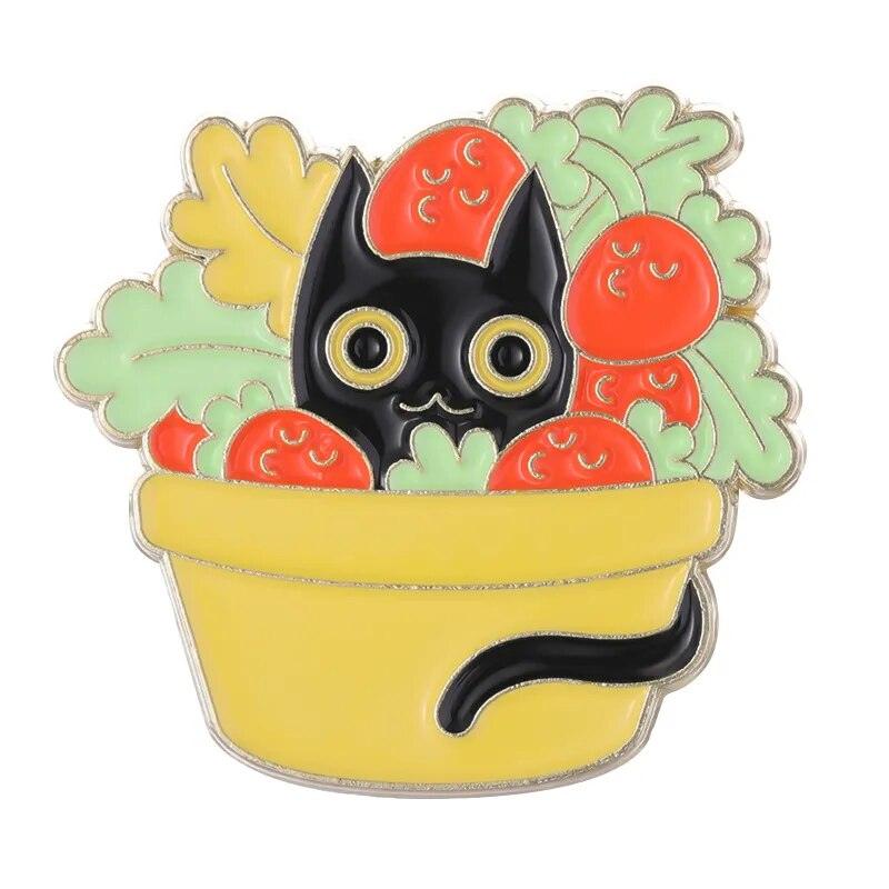 Black Cat And Plants Pin, 30 Designs - Just Cats - Gifts for Cat Lovers