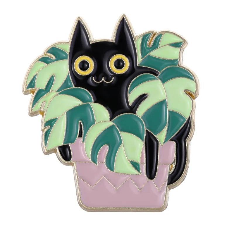 Black Cat And Plants Pin, 30 Designs - Just Cats - Gifts for Cat Lovers