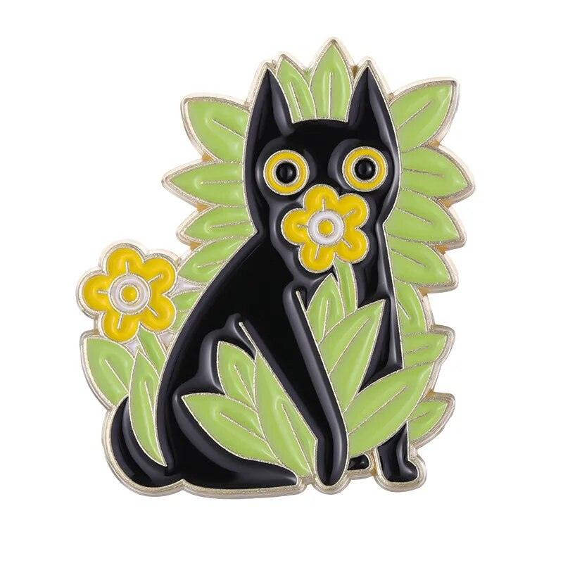 Black Cat And Plants Pin, 30 Designs - Just Cats - Gifts for Cat Lovers