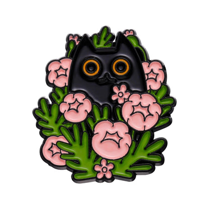 Black Cat And Plants Pin, 30 Designs - Just Cats - Gifts for Cat Lovers