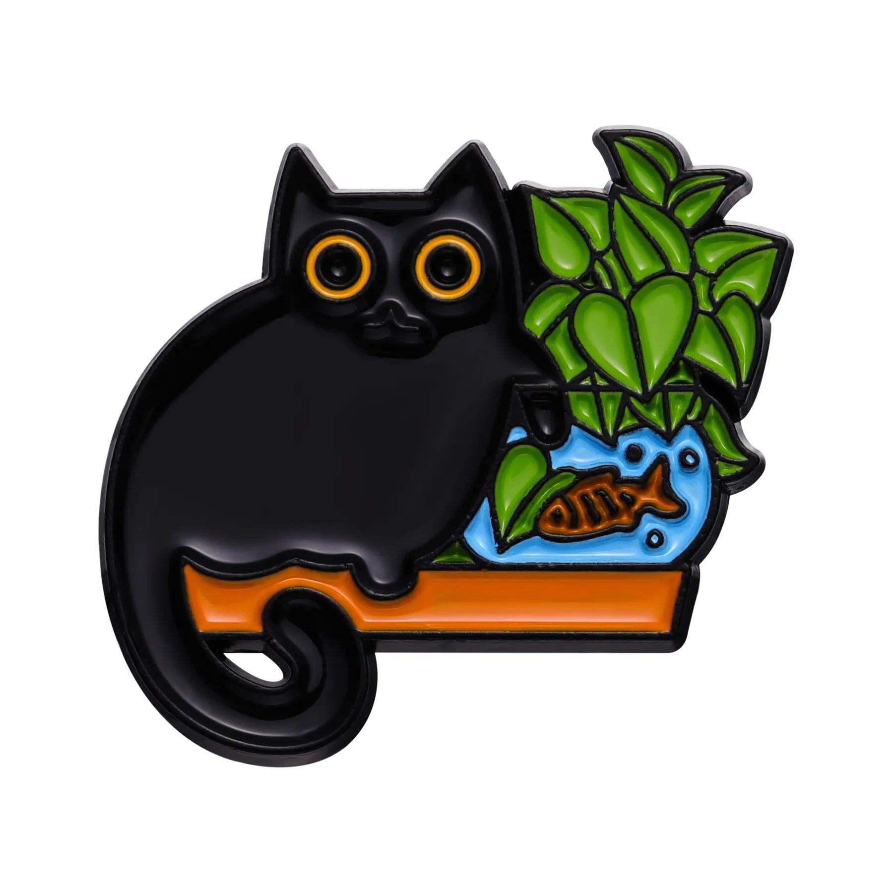 Black Cat And Plants Pin, 30 Designs - Just Cats - Gifts for Cat Lovers