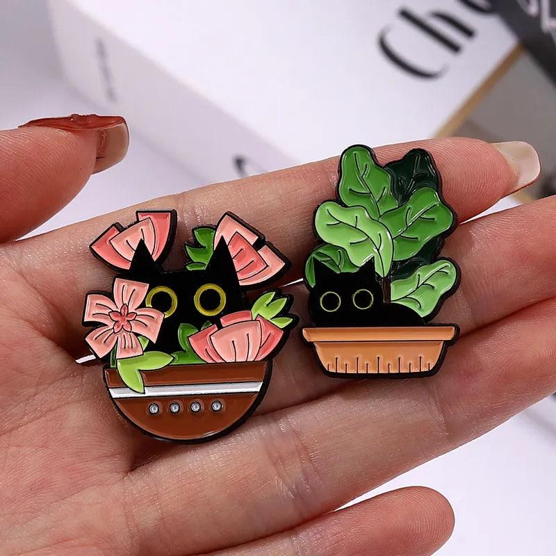 Black Cat And Plants Pin, 30 Designs - Just Cats - Gifts for Cat Lovers