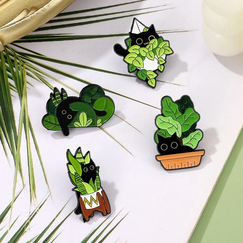 Black Cat And Plants Pin, 30 Designs - Just Cats - Gifts for Cat Lovers