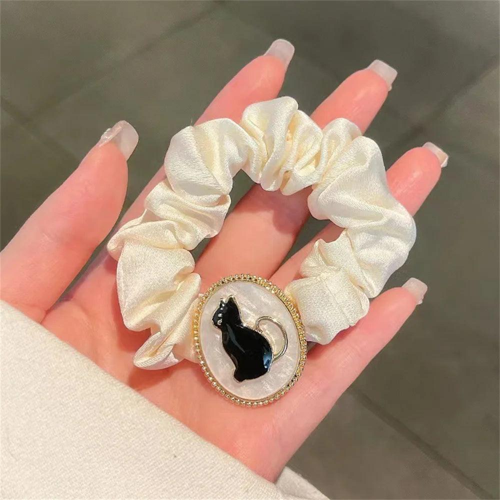 Black Cat Cameo Scrunchie, Black/White, Minimum order 2Pcs - Just Cats - Gifts for Cat Lovers