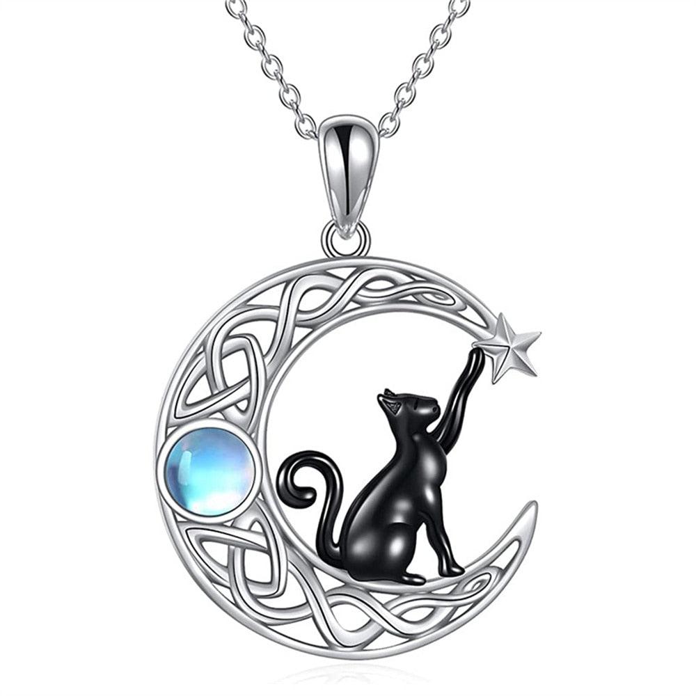 Black Cat Celtic Moon Pendant Necklace - Just Cats - Gifts for Cat Lovers