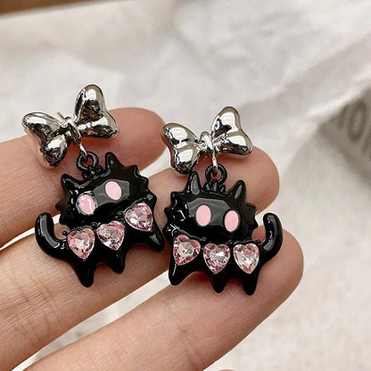 Black Cat Pink Bow &amp; Rhinestone Heart Drop Earrings and Other various Styles - Just Cats - Gifts for Cat Lovers