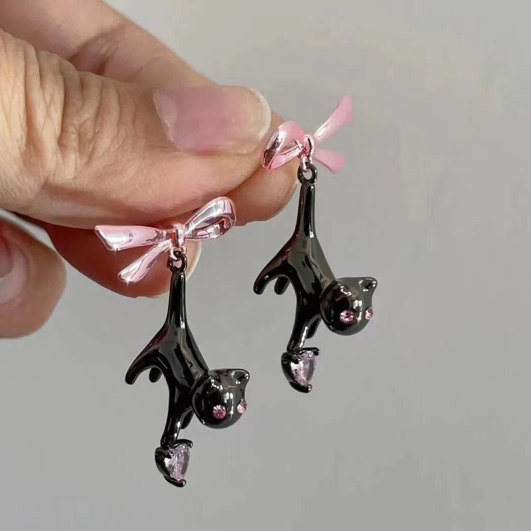 Black Cat Pink Bow &amp; Rhinestone Heart Drop Earrings and Other various Styles - Just Cats - Gifts for Cat Lovers