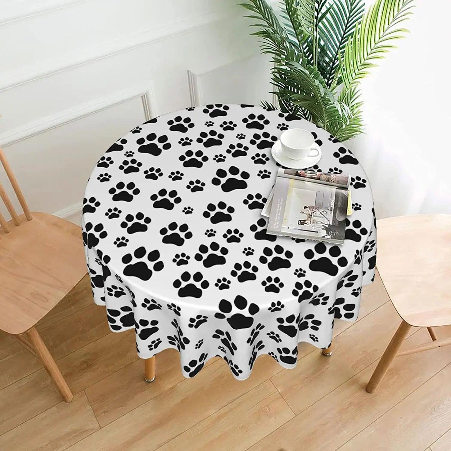 Black Paw Print Round Tablecloth - Just Cats - Gifts for Cat Lovers