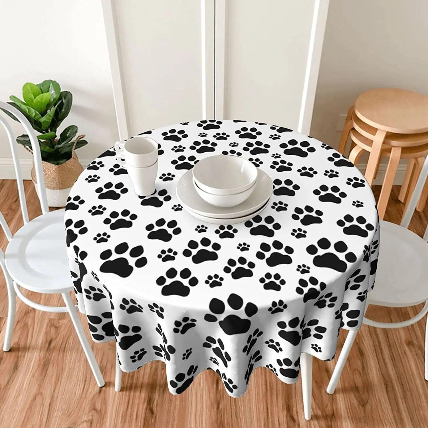 Black Paw Print Round Tablecloth - Just Cats - Gifts for Cat Lovers