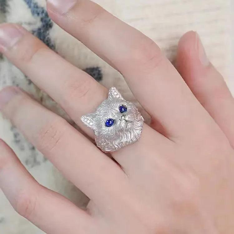 Blue Zircon Cat Ring, Adjustable - Just Cats - Gifts for Cat Lovers