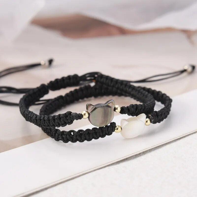 Braided Rope Cat Bracelet, Black/White, Adjustable - Just Cats - Gifts for Cat Lovers