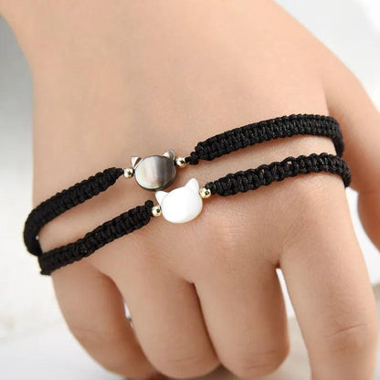 Braided Rope Cat Bracelet, Black/White, Adjustable - Just Cats - Gifts for Cat Lovers