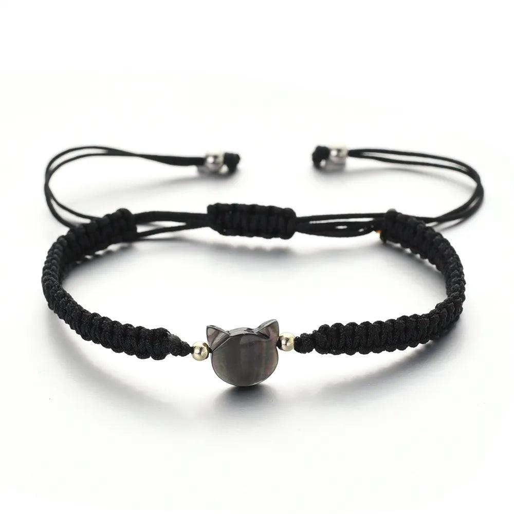 Braided Rope Cat Bracelet, Black/White, Adjustable - Just Cats - Gifts for Cat Lovers