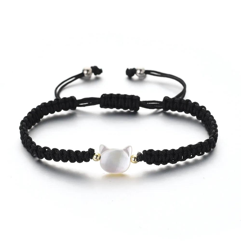 Braided Rope Cat Bracelet, Black/White, Adjustable - Just Cats - Gifts for Cat Lovers