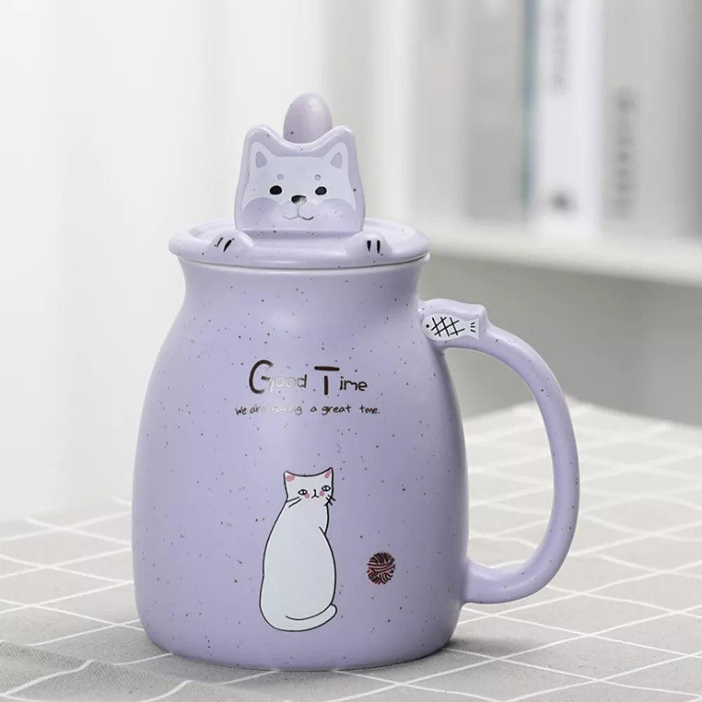 Cartoon Cat Mug With Lid and Spoon - Just Cats - Gifts for Cat Lovers