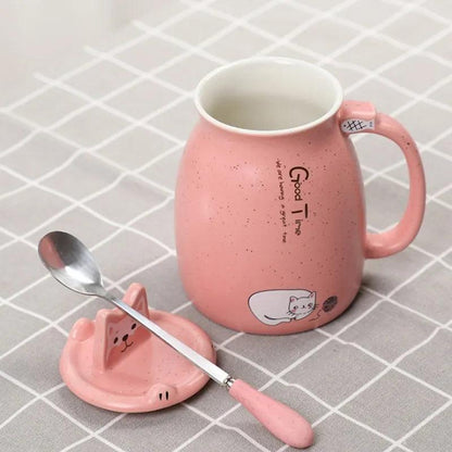 Cartoon Cat Mug With Lid and Spoon - Just Cats - Gifts for Cat Lovers