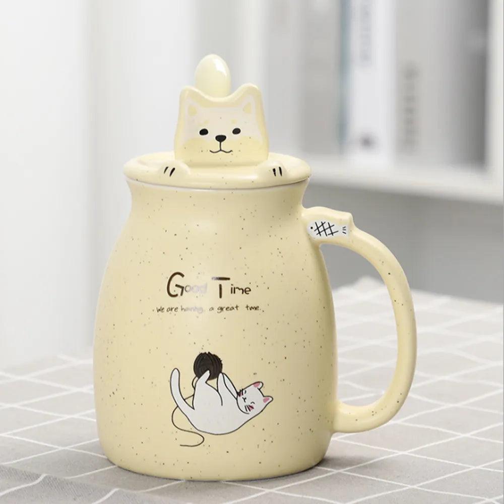 Cartoon Cat Mug With Lid and Spoon - Just Cats - Gifts for Cat Lovers