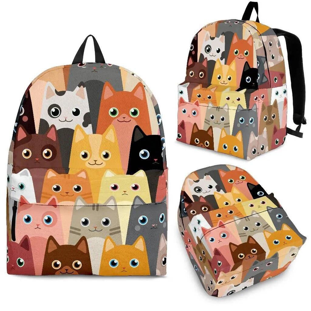 Cartoon Cat print Backpack, 3 Sizes, 6 Designs - Just Cats - Gifts for Cat Lovers