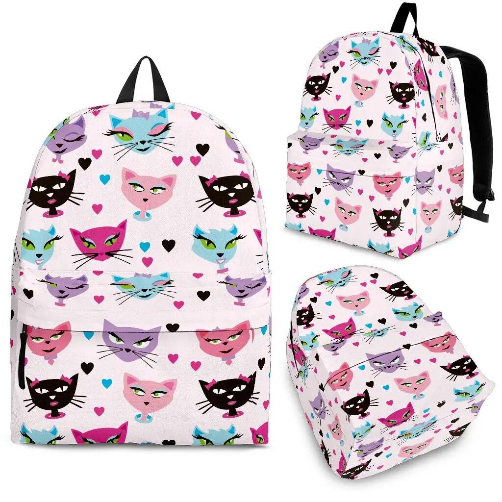 Cartoon Cat print Backpack, 3 Sizes, 6 Designs - Just Cats - Gifts for Cat Lovers