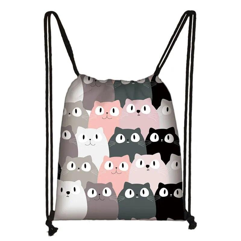 Cartoon Cat Printed Drawstring Backpack, 13 Designs - Just Cats - Gifts for Cat Lovers