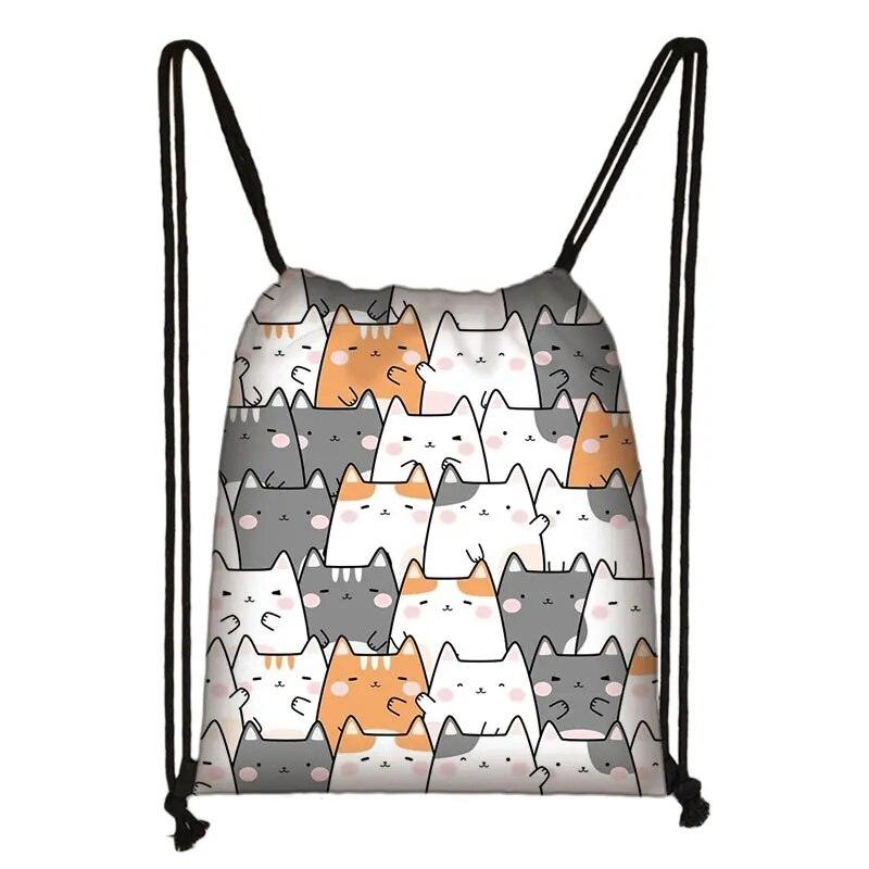 Cartoon Cat Printed Drawstring Backpack, 13 Designs - Just Cats - Gifts for Cat Lovers