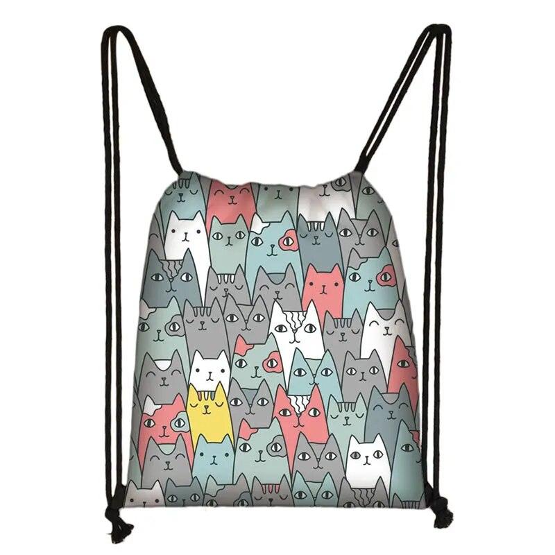 Cartoon Cat Printed Drawstring Backpack, 13 Designs - Just Cats - Gifts for Cat Lovers