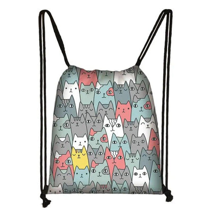 Cartoon Cat Printed Drawstring Backpack, 13 Designs - Just Cats - Gifts for Cat Lovers