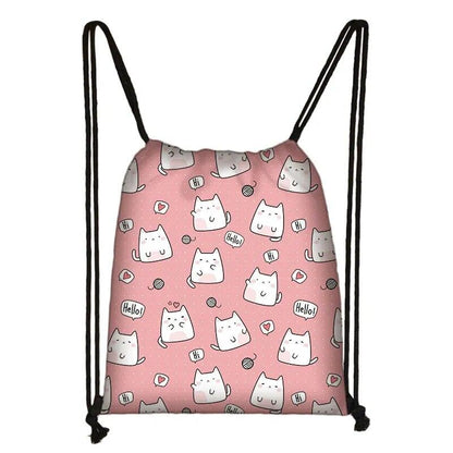 Cartoon Cat Printed Drawstring Backpack, 13 Designs - Just Cats - Gifts for Cat Lovers