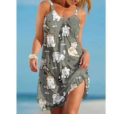 Cartoon Cat Printed Summer Dresses, 5 Design, S-5XL - Just Cats - Gifts for Cat Lovers