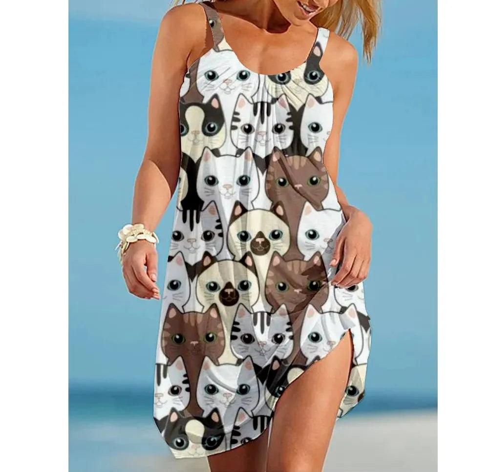 Cartoon Cat Printed Summer Dresses, 5 Design, S-5XL - Just Cats - Gifts for Cat Lovers