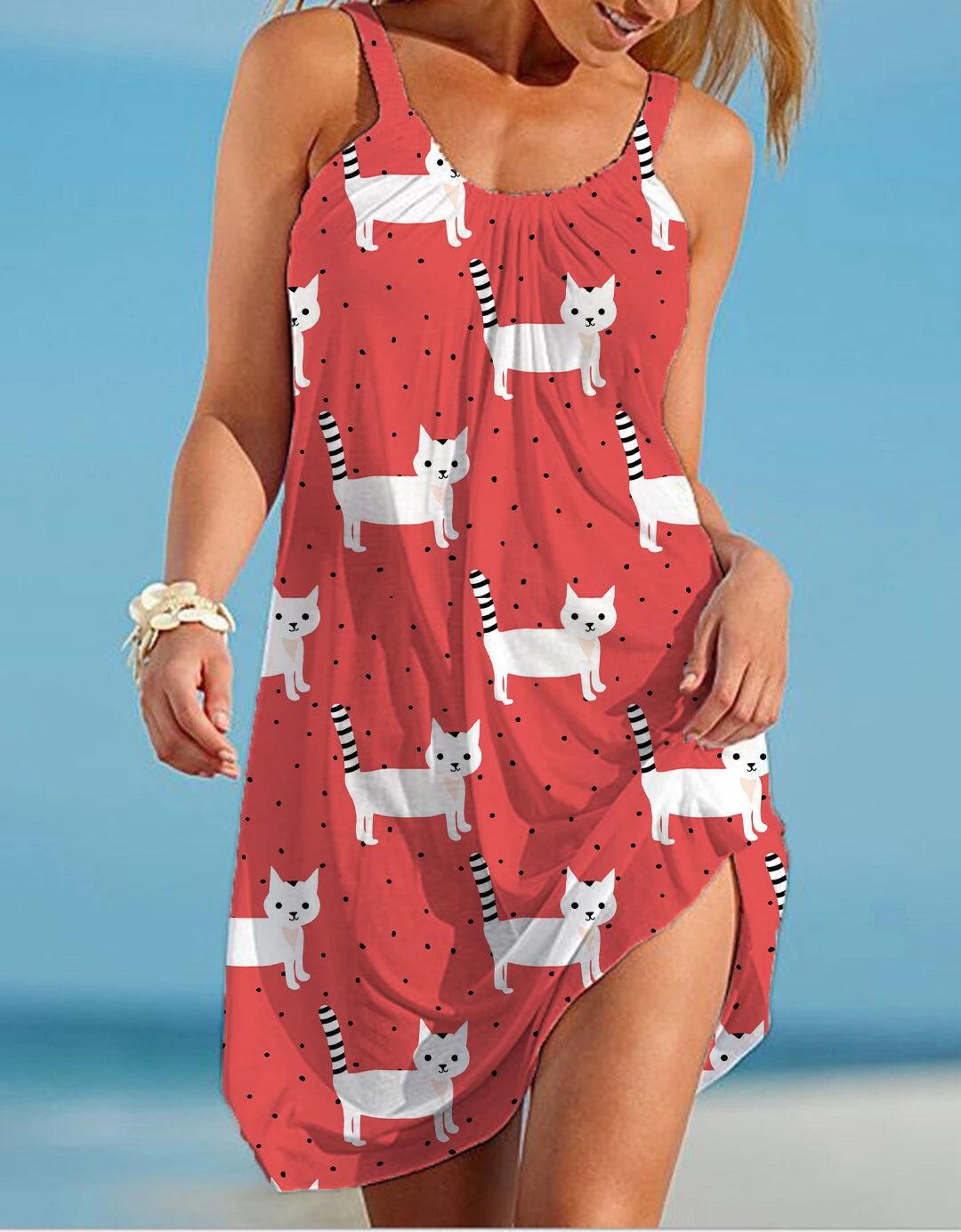 Cartoon Cat Printed Summer Dresses, 5 Design, S-5XL - Just Cats - Gifts for Cat Lovers