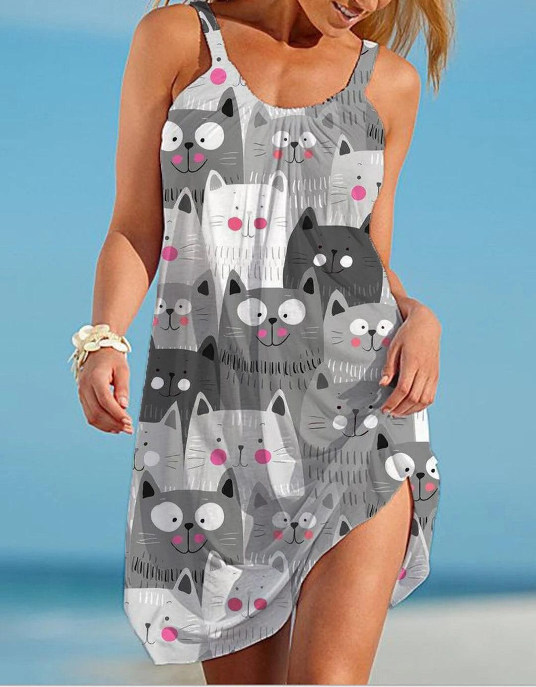 Cartoon Cat Printed Summer Dresses, 5 Design, S-5XL - Just Cats - Gifts for Cat Lovers