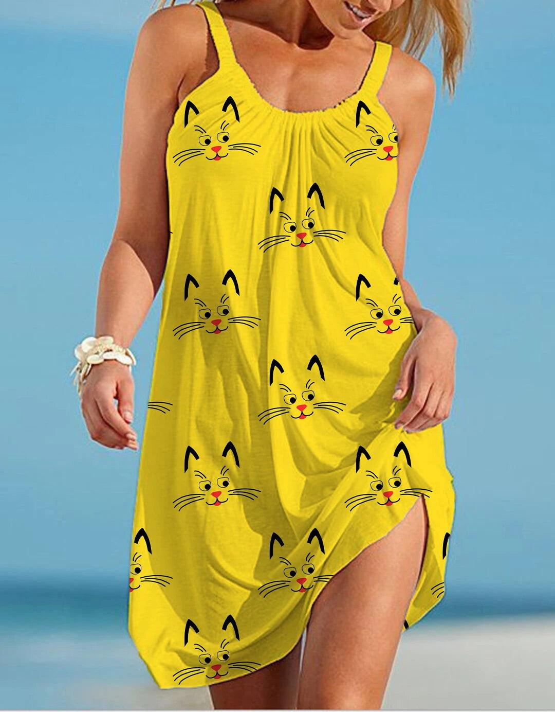 Cartoon Cat Printed Summer Dresses, 5 Design, S-5XL - Just Cats - Gifts for Cat Lovers