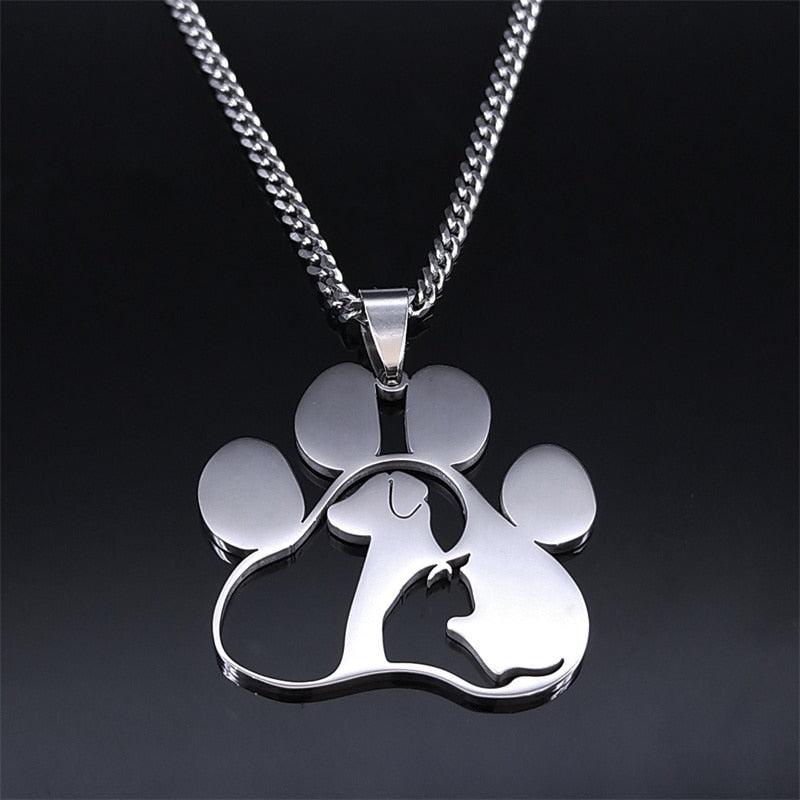 Cat &amp; Dog in Paw Stainless Steel Necklace Silver/Gold/Black - Just Cats - Gifts for Cat Lovers