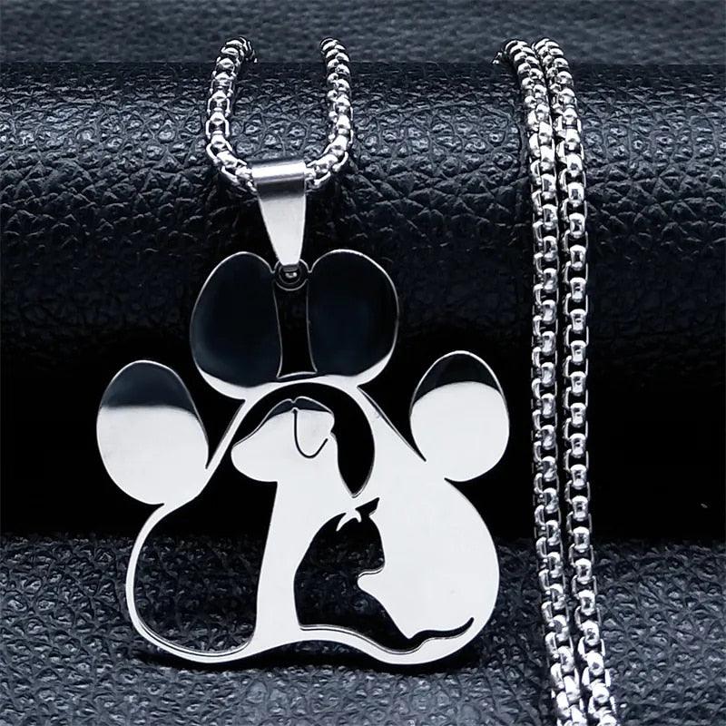 Cat &amp; Dog in Paw Stainless Steel Necklace Silver/Gold/Black - Just Cats - Gifts for Cat Lovers