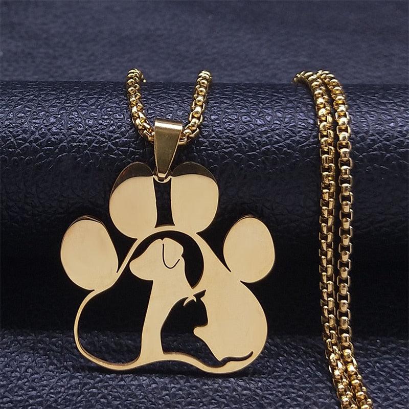 Cat &amp; Dog in Paw Stainless Steel Necklace Silver/Gold/Black - Just Cats - Gifts for Cat Lovers