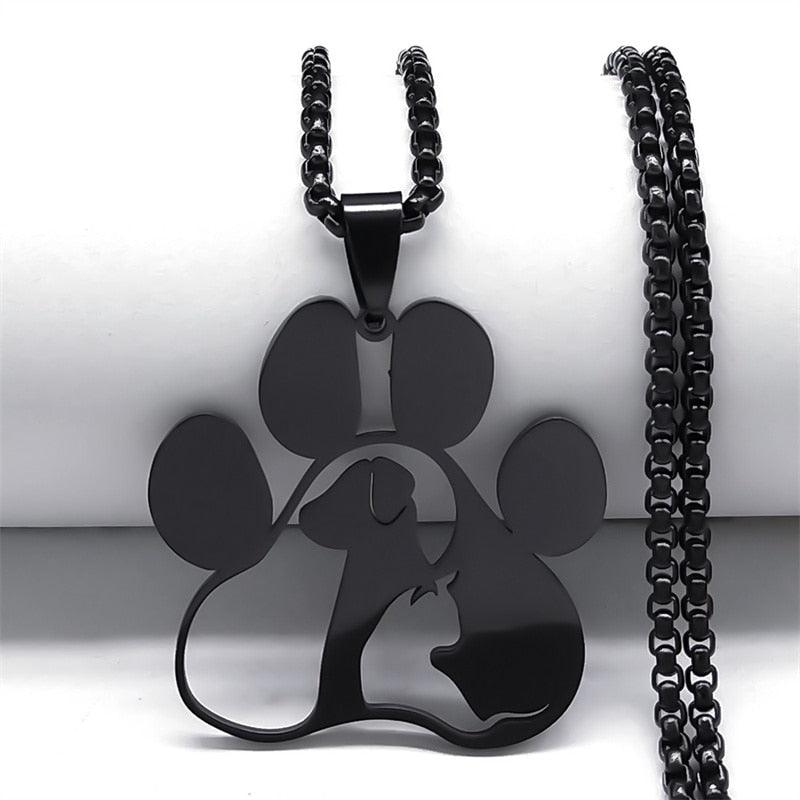 Cat &amp; Dog in Paw Stainless Steel Necklace Silver/Gold/Black - Just Cats - Gifts for Cat Lovers