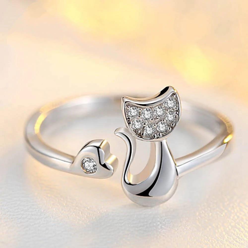 Cat &amp; heart Silver Zircon adjustable Ring , Silver/Rose Gold - Just Cats - Gifts for Cat Lovers