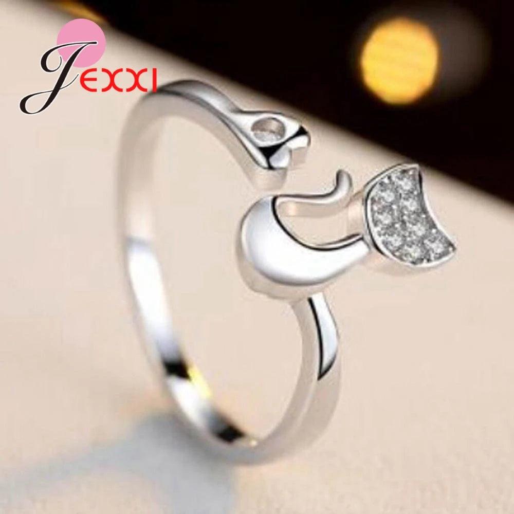 Cat &amp; heart Silver Zircon adjustable Ring , Silver/Rose Gold - Just Cats - Gifts for Cat Lovers